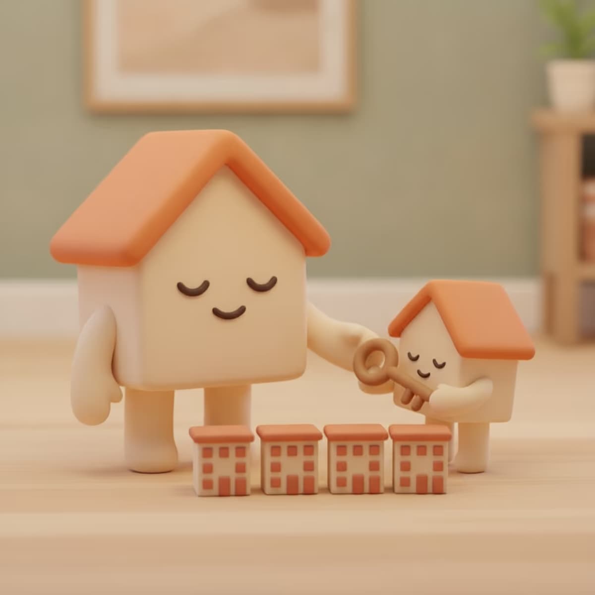 Bobbo, Bofrid's house mascot, handing a key to a smaller house character